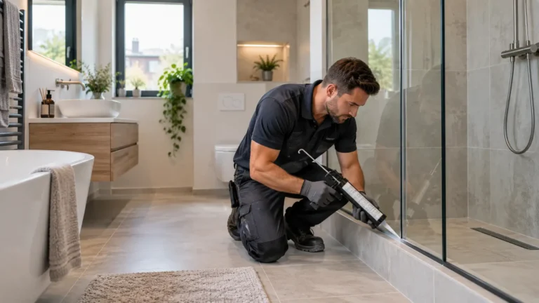 Kitter brengt nieuwe sanitairkit aan langs het bad in een badkamer