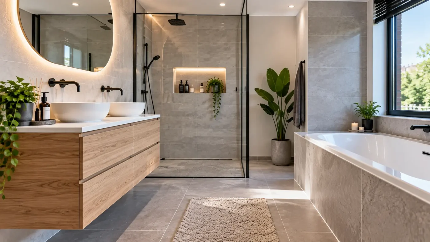 Badkamer met inloopdouche, ligbad en strak afgewerkte kitnaden