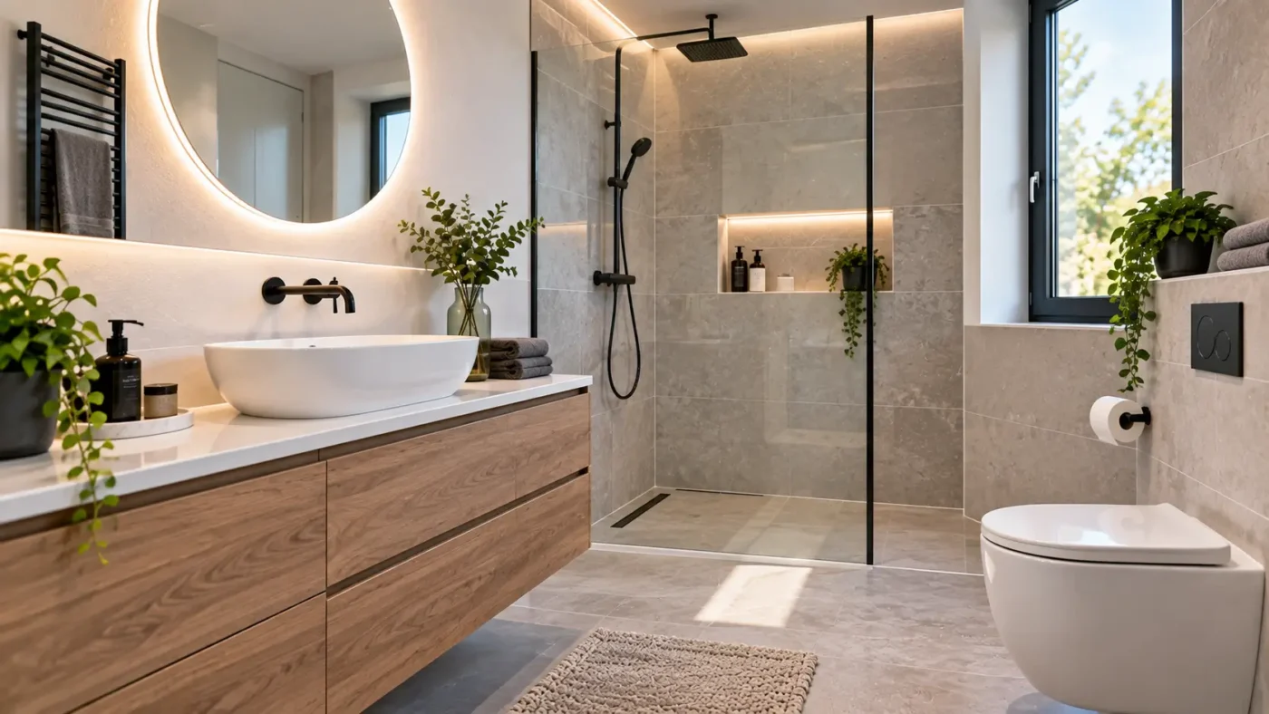 Badkamer met tegelwerk en een strak afgewerkte kitnaad langs de wand